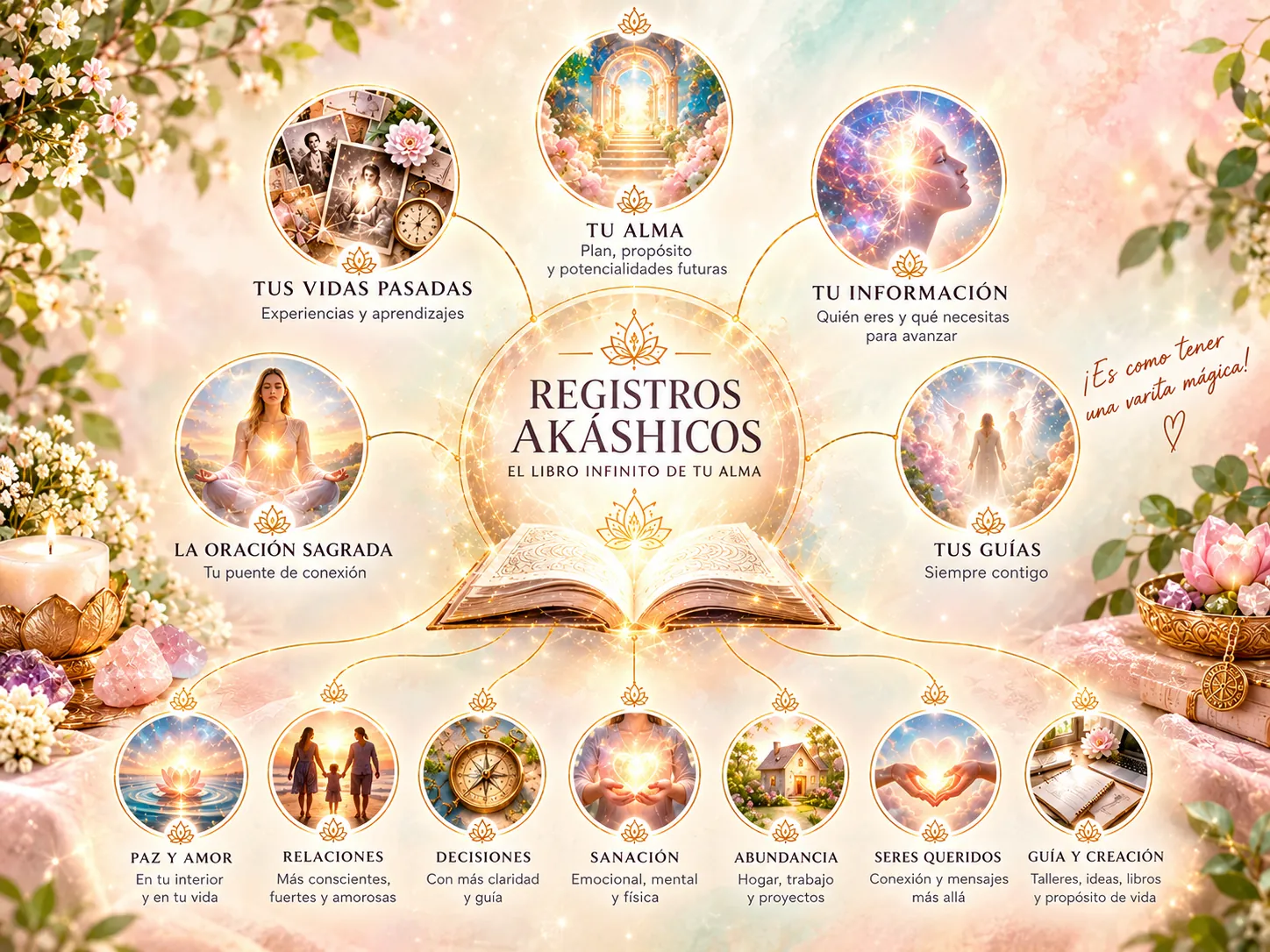 Ilustración del Registro Akáshico como el libro infinito del alma, con sus áreas: vidas pasadas, tu alma, tus guías, decisiones, relaciones y más
