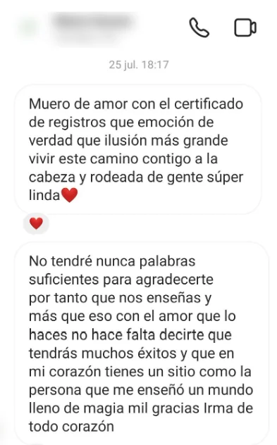 Mensaje de alumna: muero de amor con el certificado de registros