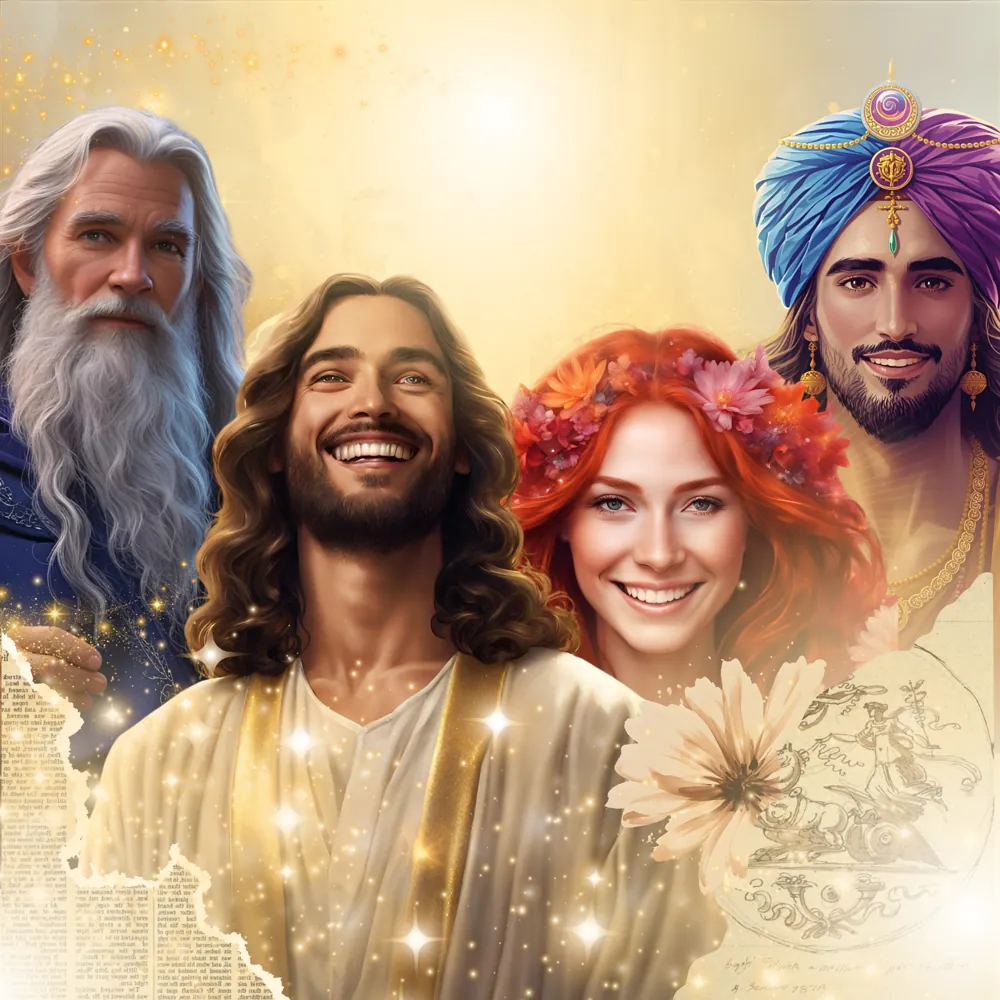 Ilustración de guías y maestros sonriendo, envueltos en luz dorada